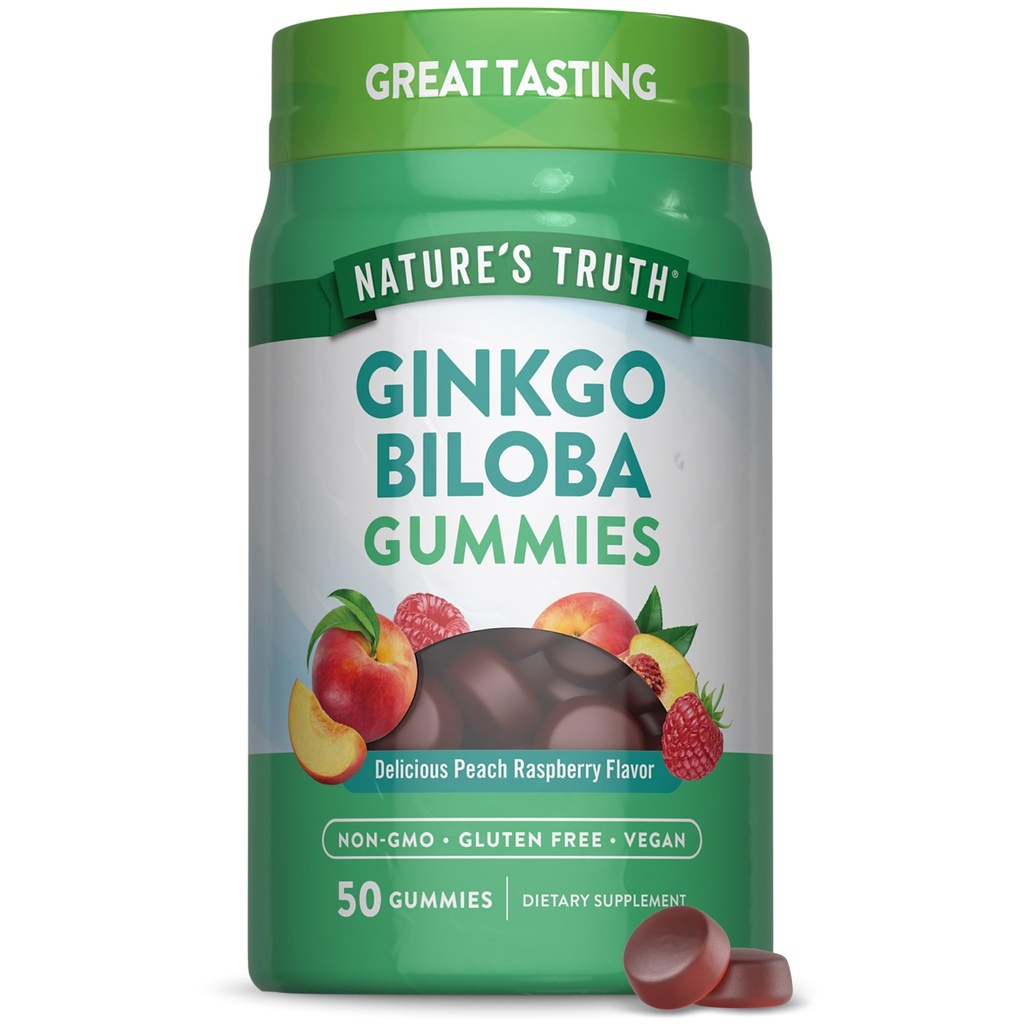Nature's Truth Ginkgo Biloba Gummies | 50 Count | Peach Raspberry Flavor | Vegan, Non-GMO & Gluten Free Extract Supplement