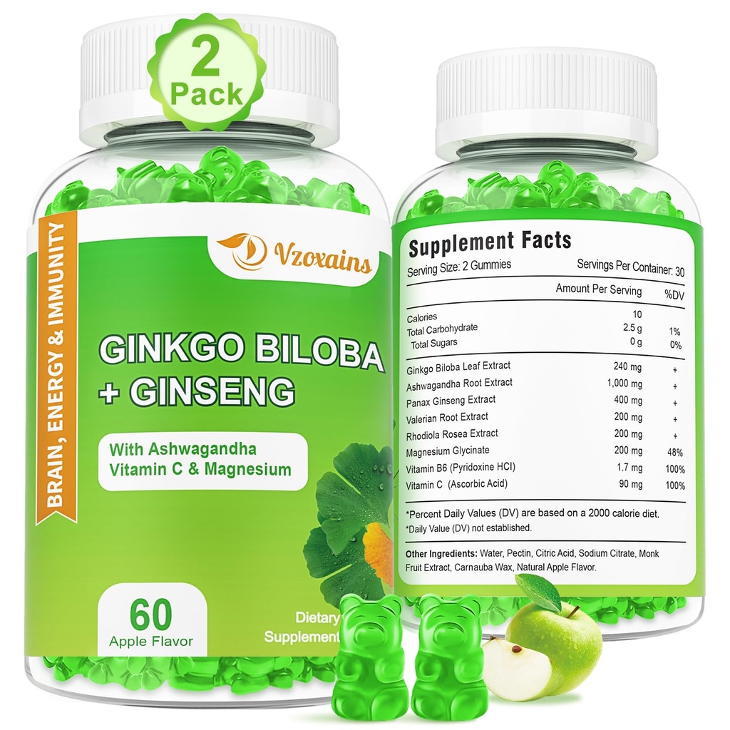 2 Packs 240mg Ginkgo Biloba Gummies, Supports Healthy Brain Function, Mood and Memory Support for Adults, 120 Cts