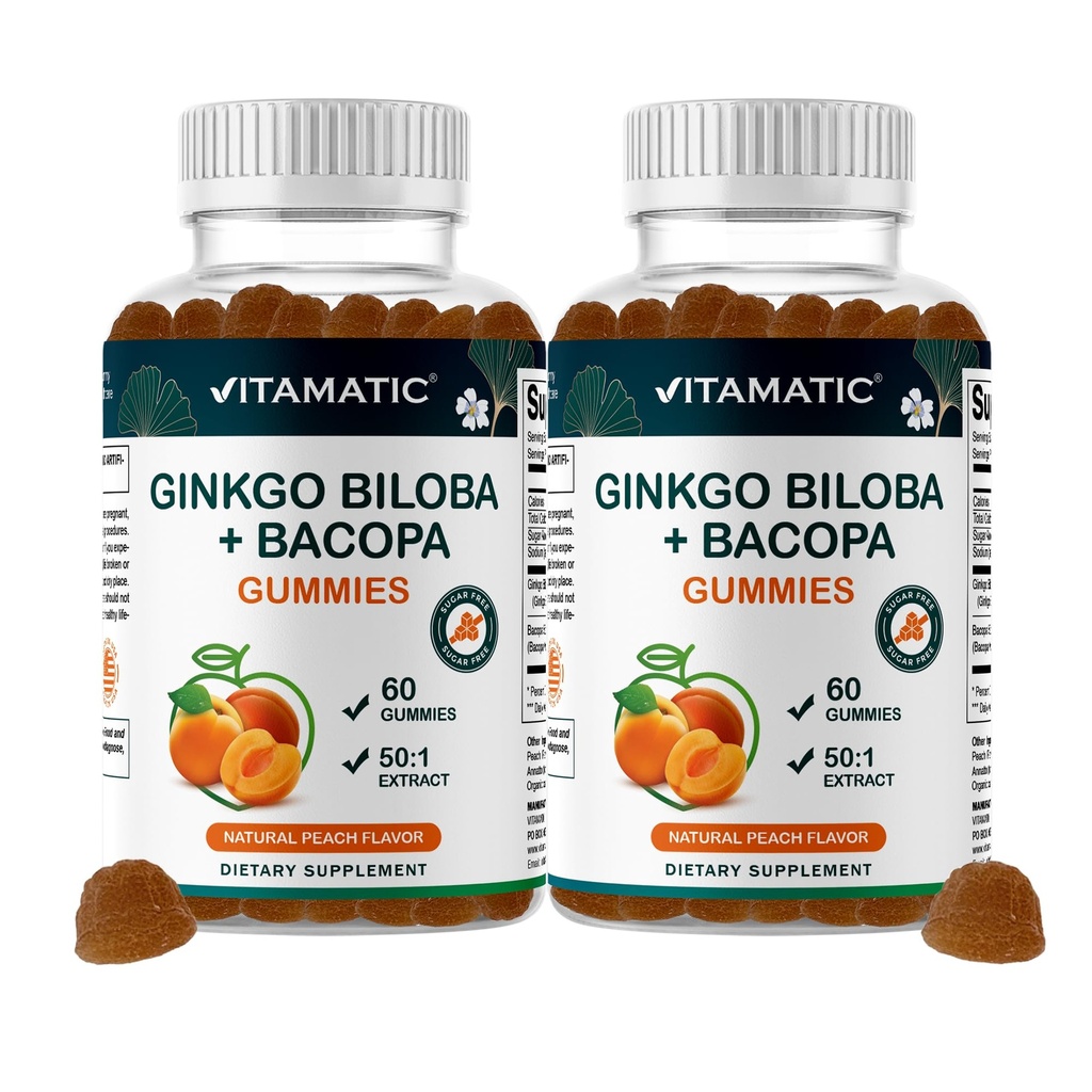 Vitamatic Ginkgo Biloba & Bacopa Gummies – Plant-Based Botanical Extract – Natural Peach Flavor – Vegan, Non-GMO, Gluten-Free – Herbal Supplement – 60 Count - 2 Pack (120 Count)