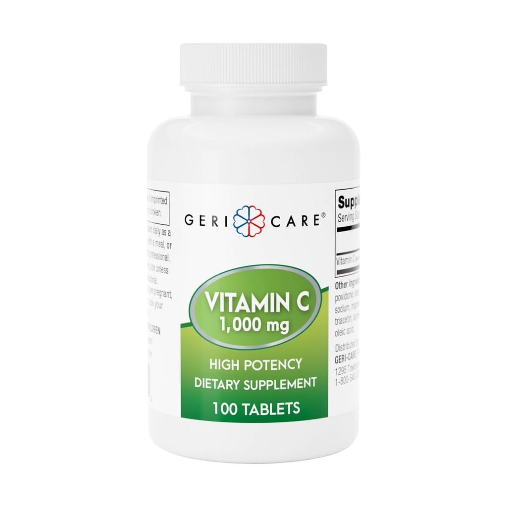 GeriCare Vitamin C 1000 mg – High Potency 100 Tablets – Supports Immune Function, Enhances Skin Care with Collagen Production, Aids in Iron Absorption, and Vascular System Health