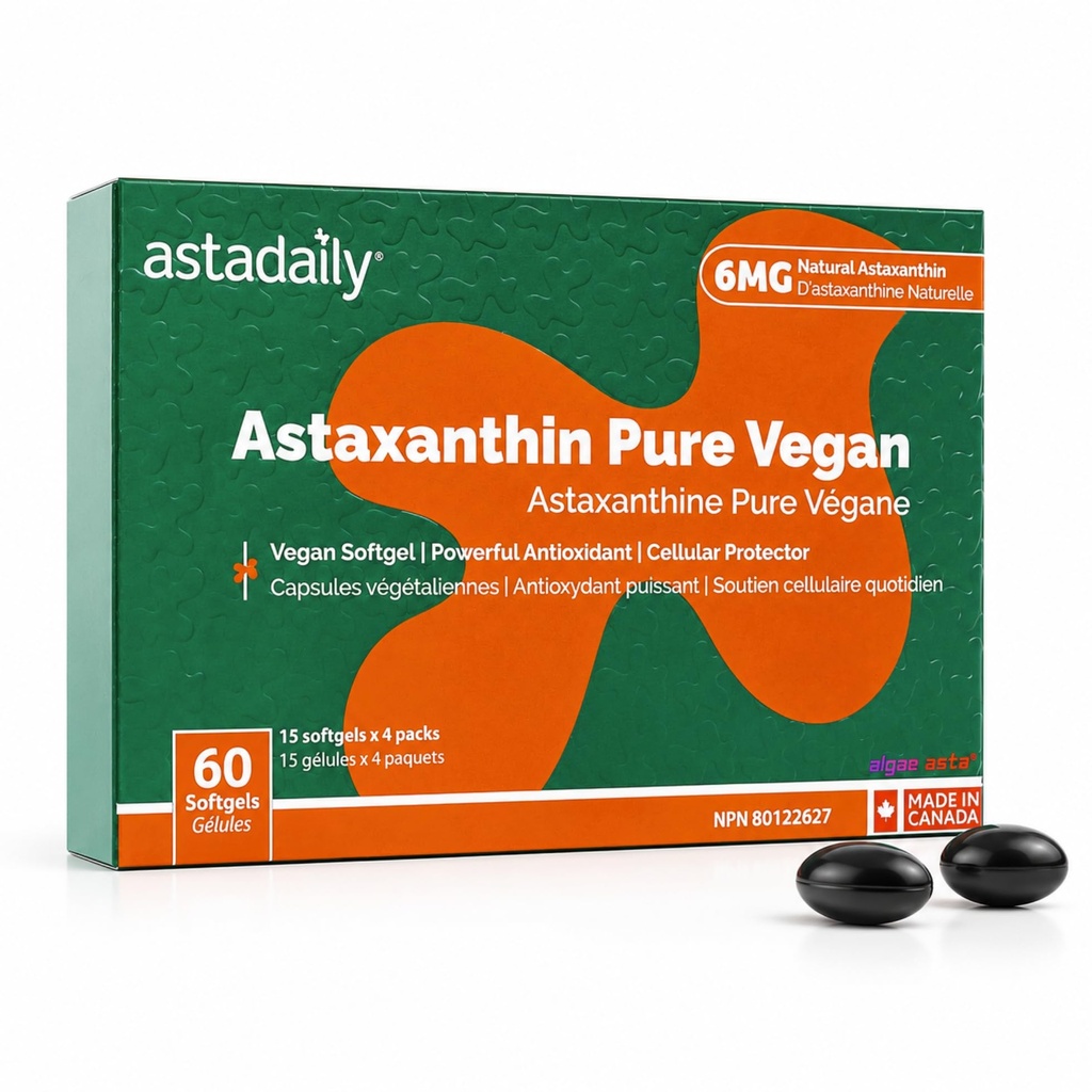 AstaDaily® Astaxanthin Pure | AlgaeAsta® Natural Astaxanthin 6mg | Vegan Friendly | 60 Softgels | Individually Sealed in Blister | Non-GMO, Gluten Free | Clean Formula | Made in Canada