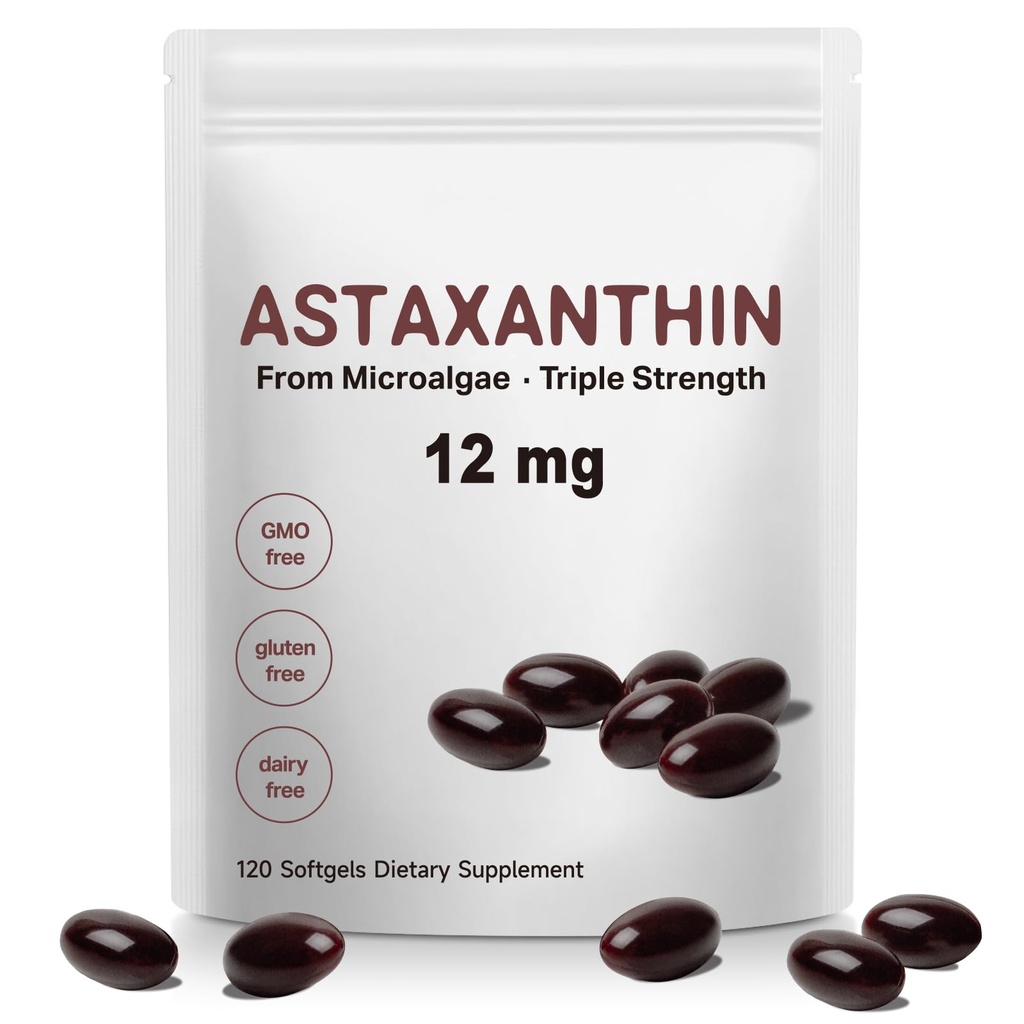 Astaxanthin 12mg Softgels, Natural Antioxidant from Haematococcus Pluvialis, Supports Skin & Eye Health, General Wellness Support,120 Capsules