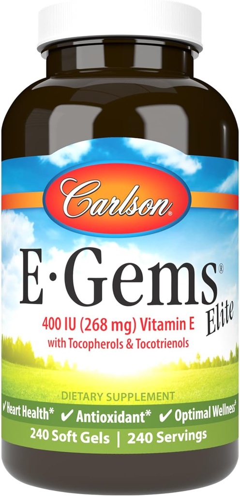 Carlson - E-Gems Elite, 400 IU Vitamin E with Tocopherols & Tocotrienols, Vitamin E Capsules, Heart Health & Optimal Wellness, Antioxidant, Vitamin E Supplement, 240 Softgels
