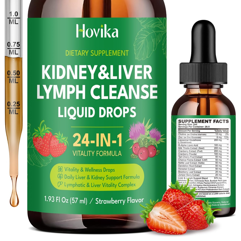 24-in-1 Kidney & Liver, Lymph Cleanse Detox & Repair Drops, Three Immune Formula with Cranberry, Milk Thistle, Vegan Urinary Tract & Lymphatic Drainage & Liver Repair | Strawberry Flavor, 1.93 FL Oz