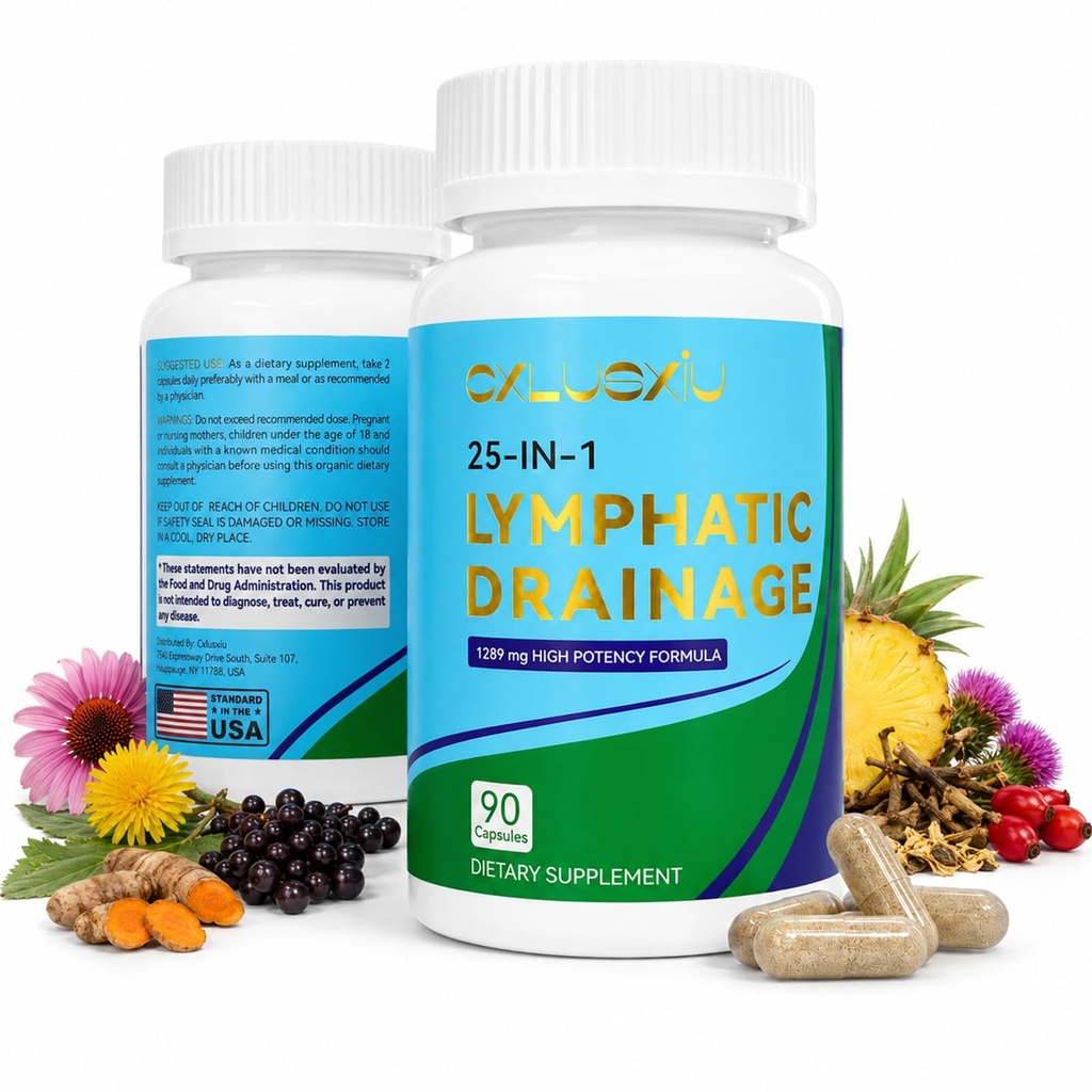 Lymphatic Drainage Capsules, Lymphatic System Support Supplement for Fluid Balance & Bloating Comfort, Herbal Lymph Support Supplements with Cleavers, Dandelion, Burdock, Enzymes, 90 Ct