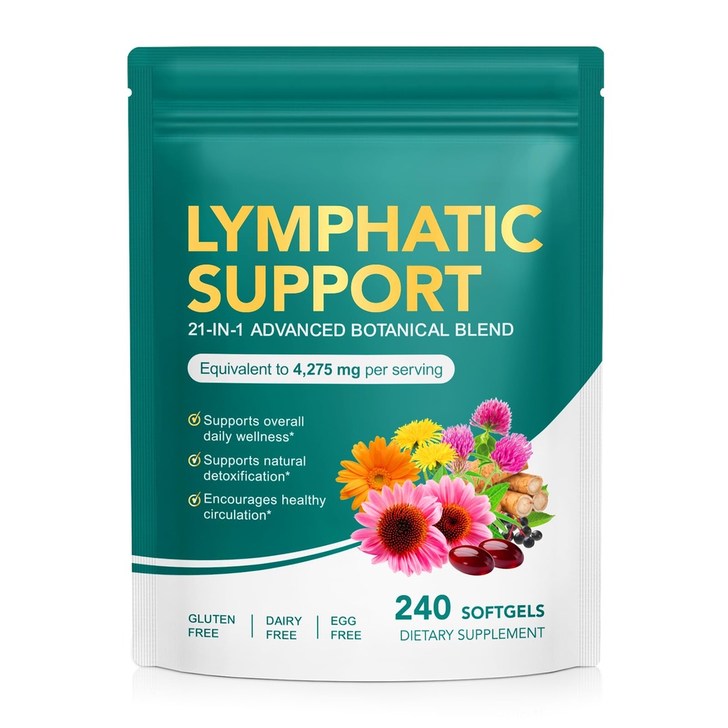 Lymphatic Drainage Supplements (240 Softgels), Plant-Based Blend with Echinacea, Dandelion & Burdock Root, Fluid Balance & Immune Health, Lymph System Support Supplement for Women & Men
