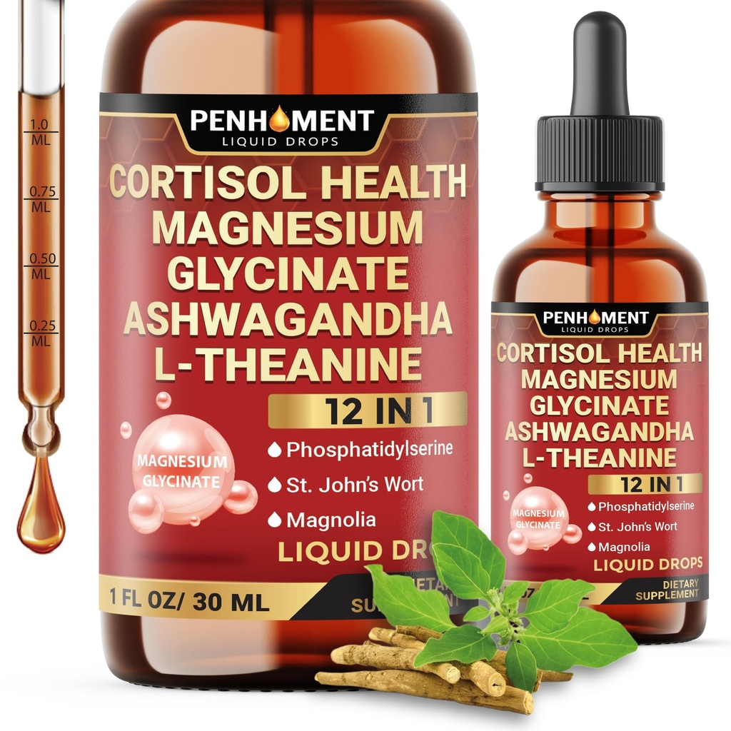 12in1 Cortisol Supplement Liquid Drops - Cortisol Detox w. Magnesium Glycinate, Ashwagandha Root, L-Theanine and 9 More - 1FL Oz - 1 Month Supply