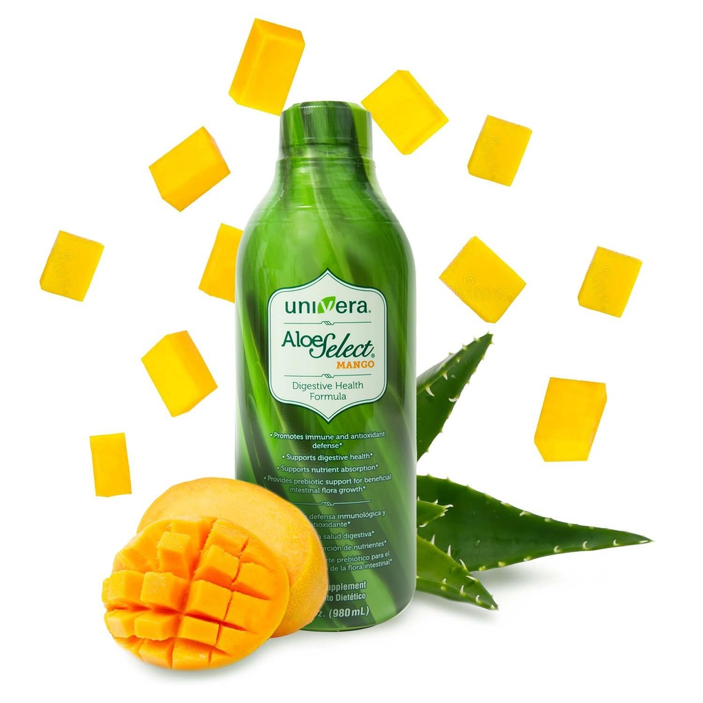 Univera Aloe Vera Juice, Preminum Organic Aloe Vera, Digestive Enzymes for Gut Health, Immune Support, Prebiotic Supplement, Reduces Φλεγμονή, Mango Flavor, 30 Day Supply (33 fl oz)