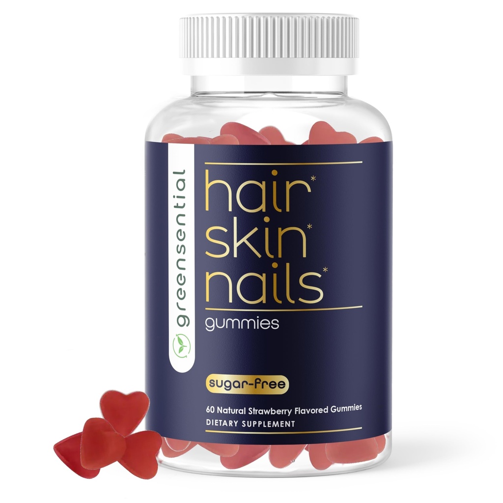 Greensential Hair, Skin & Nails Gummies - Complete Vitamin Complex with Natural Ingredients - Fuller Hair Support - No Artificial Colors, Natural Strawberry Flavor, Made in USA, 60 Ct