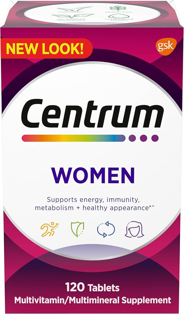 Centrum Multivitamin για γυναίκες, Multivitamin / Multimineral συμπλήρωμα με σίδηρο, βιταμίνη D3, Β βιταμίνες και αντιοξειδωτικές βιταμίνες C και E, χωρίς γλουτένη, μη ΓΤΟ Συστατικά - 120 Count