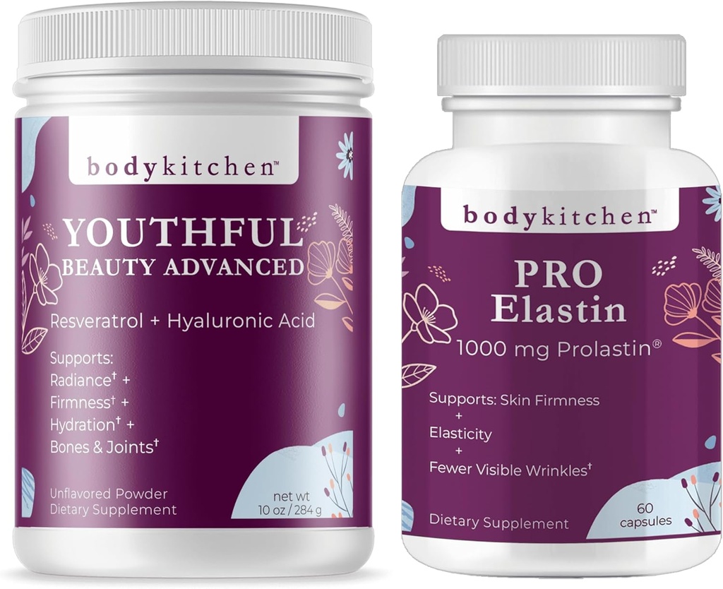Body Kitchen Youthful Beauty Advanced Collagen Peptides σκόνη και ρεσβερατρόλη και υαλουρονικό οξύ 10oz και Pro-Elastin, κόμης του 60