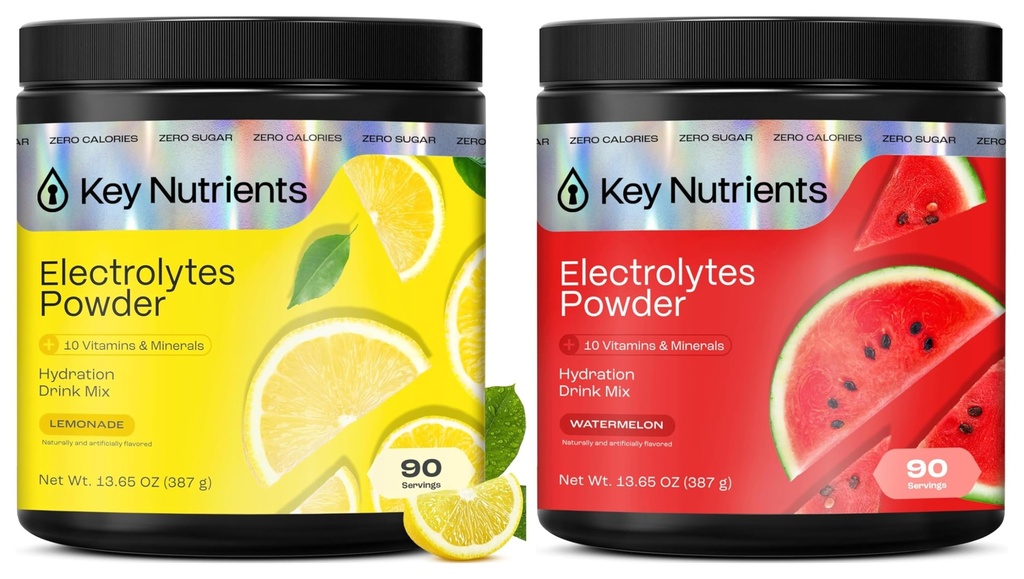 KEY NUTRIENTS Electrolytes Powder Bundle, Refreshing Lemonade 90 Servings Jar + Watermelon 90 Servings Jar, Sugar Free Hydration Drink Mix with Vitamins & Minerals, No Calories