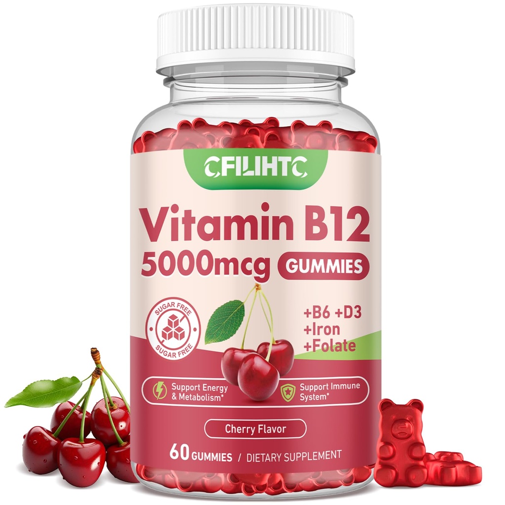 Vitamin B12 Gummies for Women & Men, 5000mcg Methyl B12 Gummies with Vitamin B6, D3, Iron, Folate for Adults, Support Energy & Metabolism Boost, Mood, Immune & Nervous System, Sugar Free Cherry Flavor