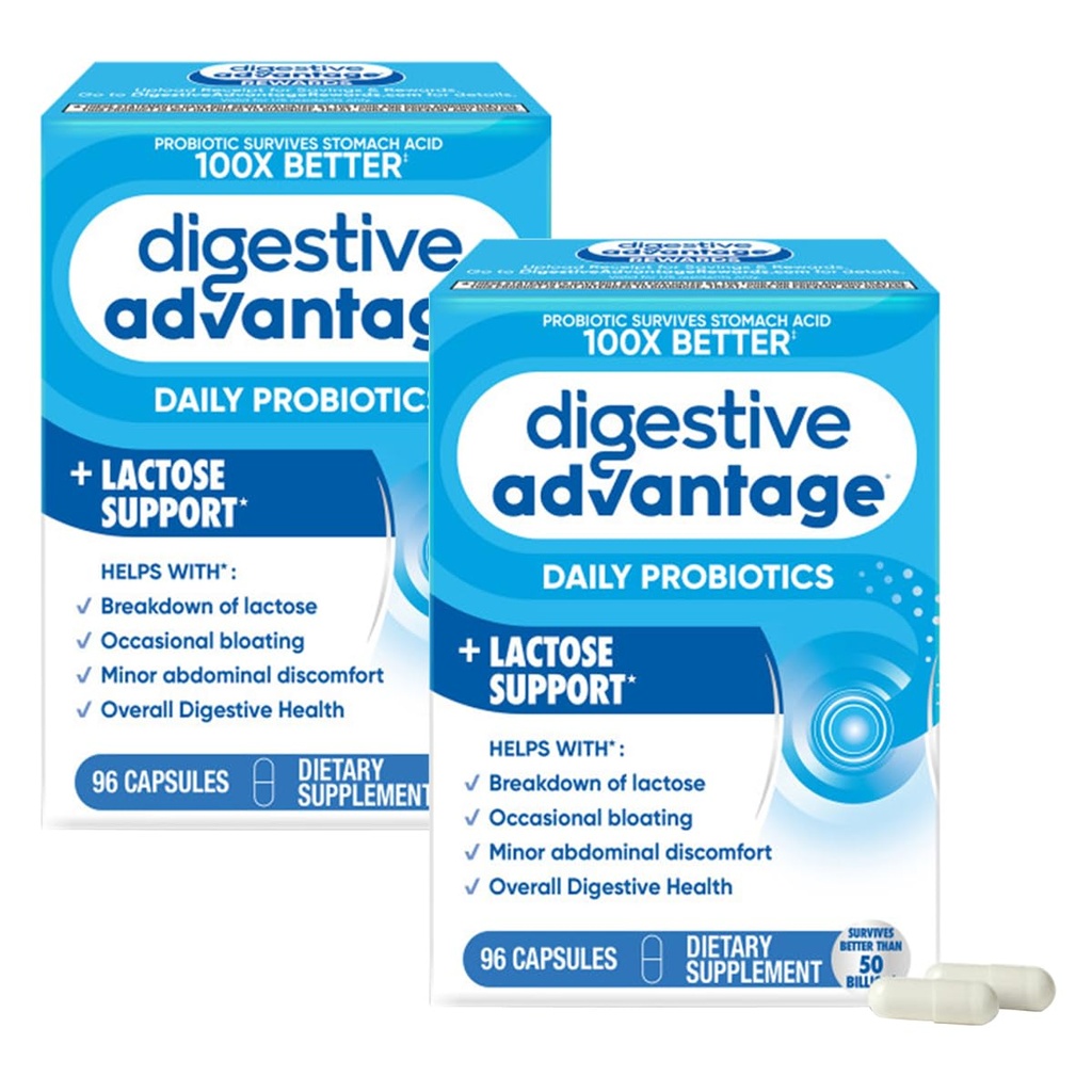 Digestive Advantage Probiotics + Lactase Digestive Enzymes for Digestive Health, Daily Probiotics for Women Men Occasional Bloating, Lactose Breakdown, Immune Support, 96ct (Pack of 2)