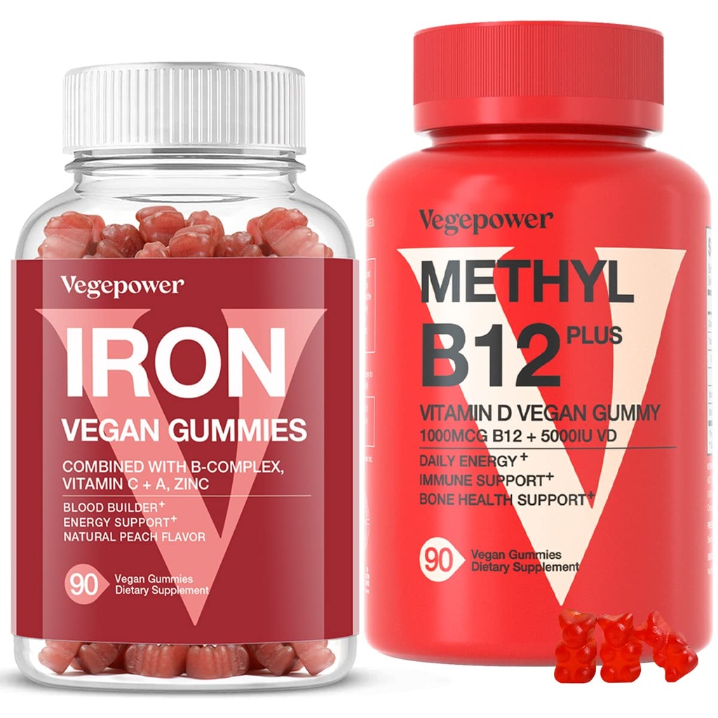 Vegan Iron Gummies + vitamin B12 gummy | Iron Supplement Support Blood Builder & Daily Energy for Adults & Kids | Methyl B12 1000 mcg & Vitamin D 5000 IU for Energy and Immune Support - 90 Count