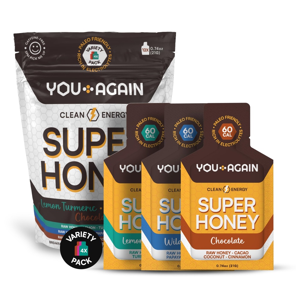 You Again Super Honey Packets | Workout Clean Energy Gel Packs | Cycling, Endurance, Running Gel or Energy Snack | Paleo & Carnivore Snack | Gluten-Free | Made in USA (12 Pack - Variety)