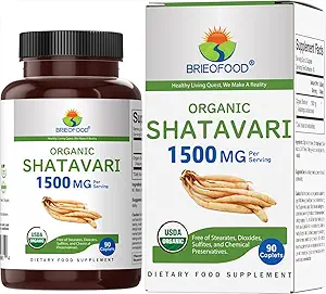 Brieofood Organic Shatavari 1500mg, 45 μερίδες, χορτοφάγοι, χωρίς γλουτένη, 90 χορτοφαγικά δισκία