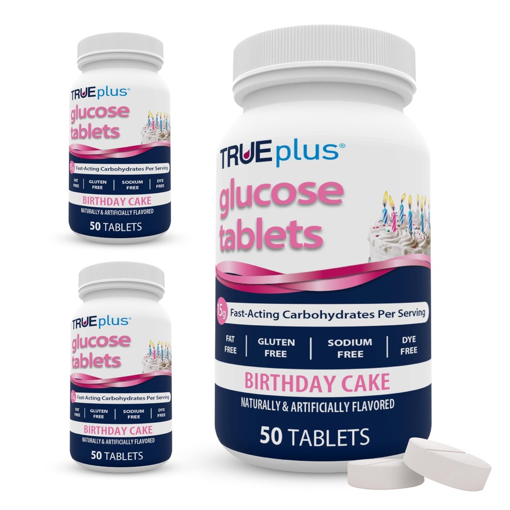 TRUEplus Glucose Tablets, Chewable, Birthday Cake Flavor, 15g Fast-Acting Carbohydrates, Dye Free, Gluten Free, No Fat, Boost Energy, 50 Count, 3 Bottles
