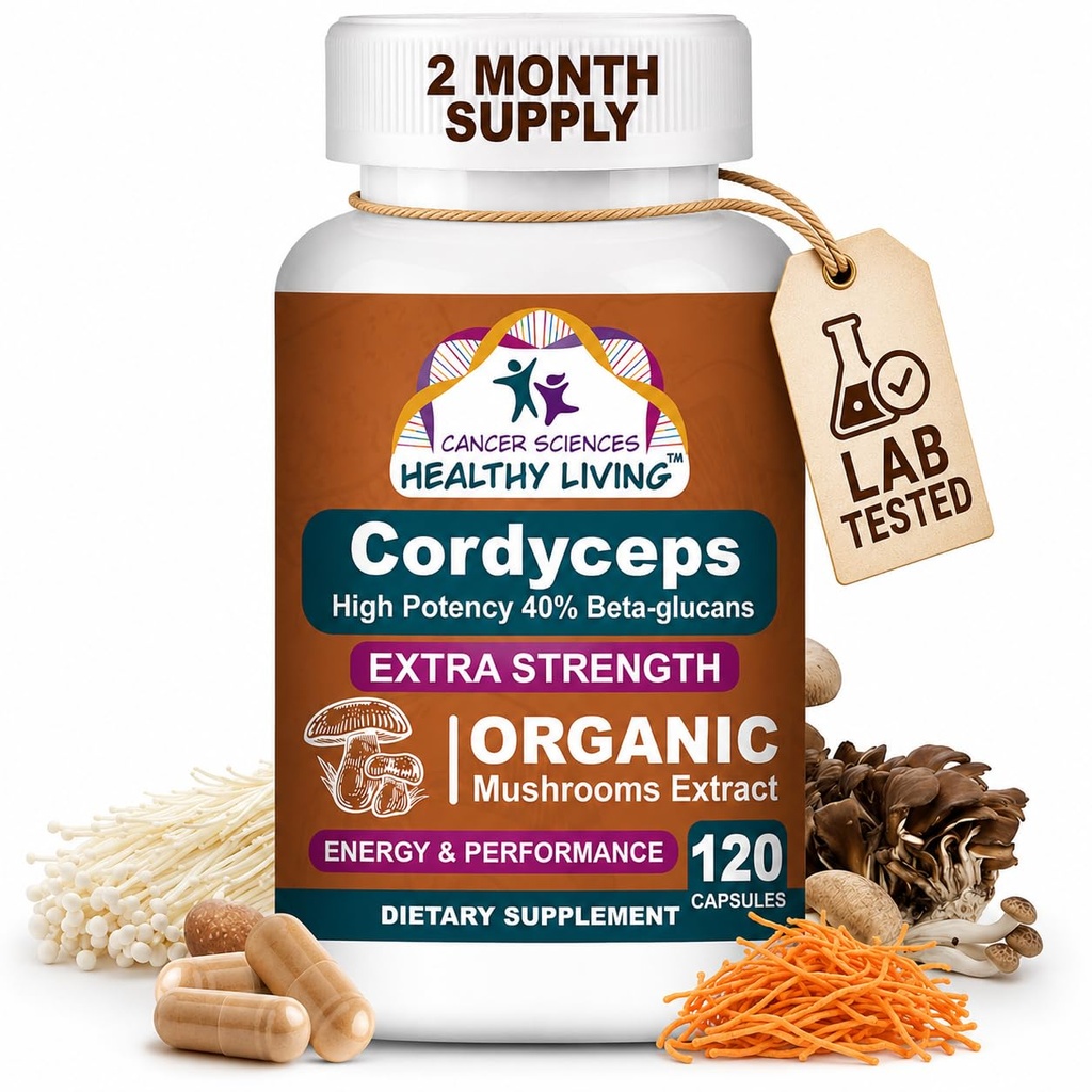 Cancer Sciences Cordyceps Mushroom Supplement Κάψουλες - 1.500mg Βιολογικό Mushroom Complex για την ευεξία, υψηλή ισχύς 40% Beta-Glucans, ανοσοποιητικό συμπλήρωμα υποστήριξης για την ενέργεια & Stamina Booster, 120 Count