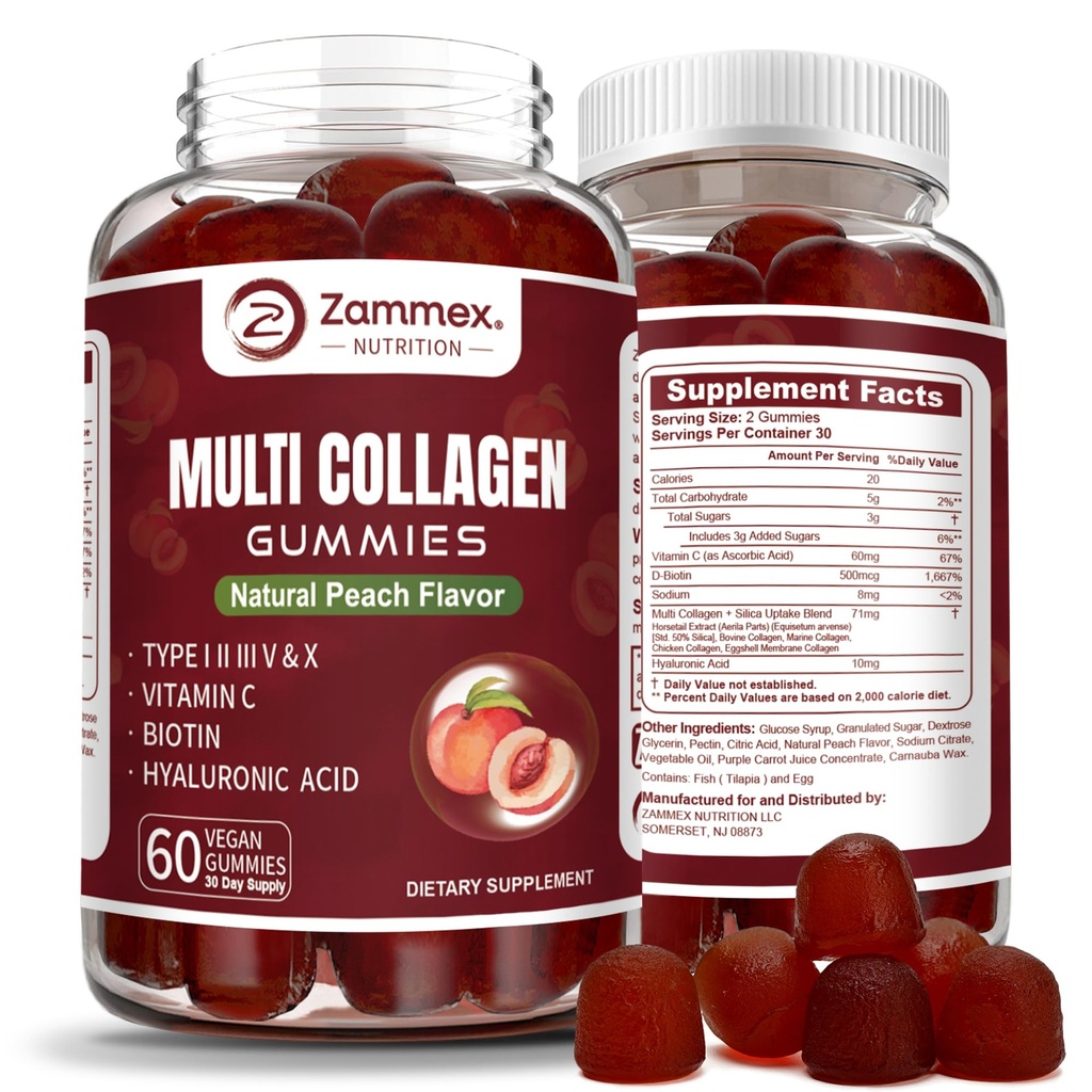 Zammex Multi Collagen Peptides Gummies (Τύπος 1, 2, 3, 5 & 10), 30 Servings, Αντιγηραντική Κολλαγόνο Gummy Συμπληρώματα για Γυναίκες & Άντρες με Βιοτίνη Βιταμίνη C, Υαλουρονικό Οξύ, Ροδάκινο Γεύση