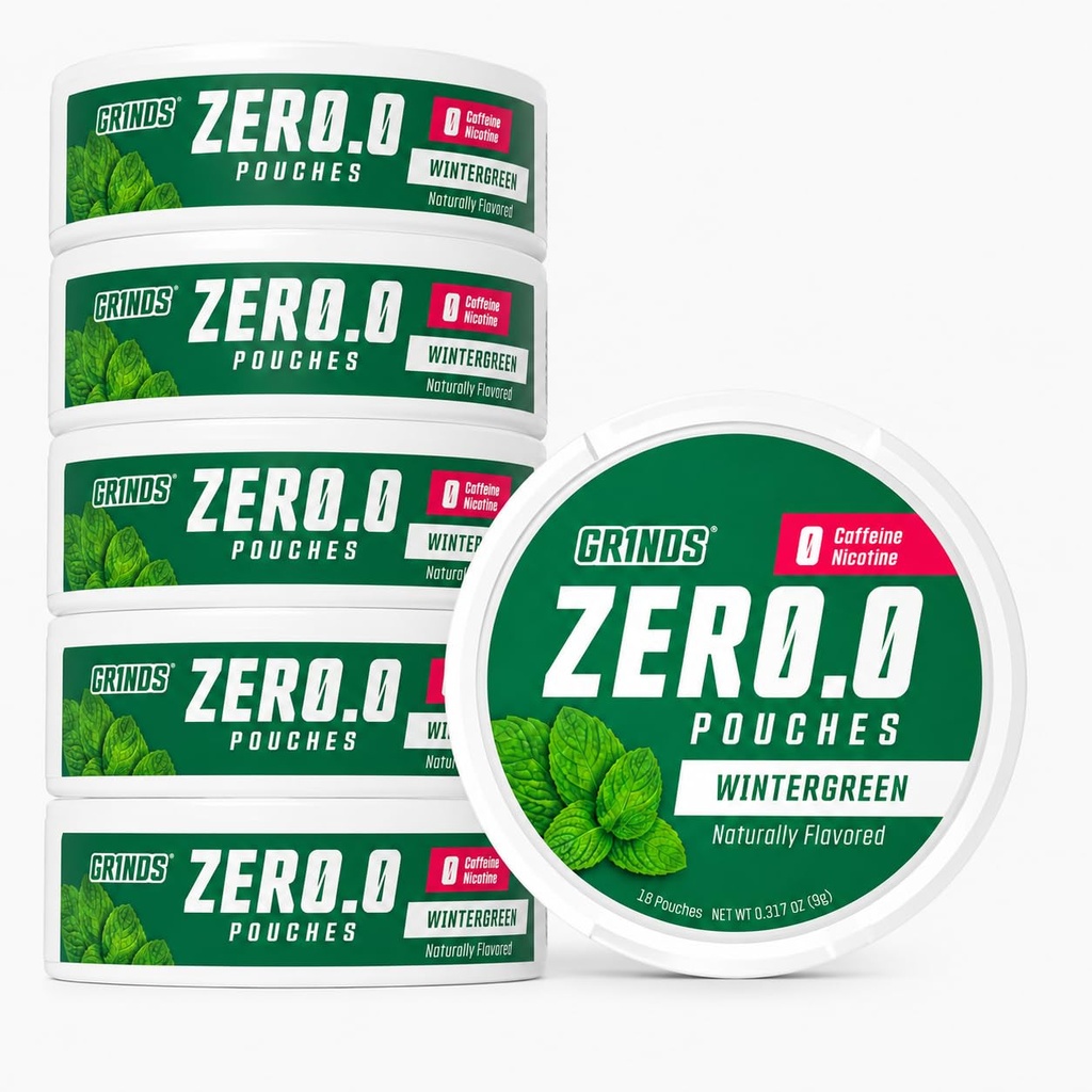 GRINDS ZERØ.Ø Wintergreen Pouches | Nicotine-Free, Caffeine-Free, Sugar-Free, 0 Calories |6 Pack | 18 Pouches Per Can
