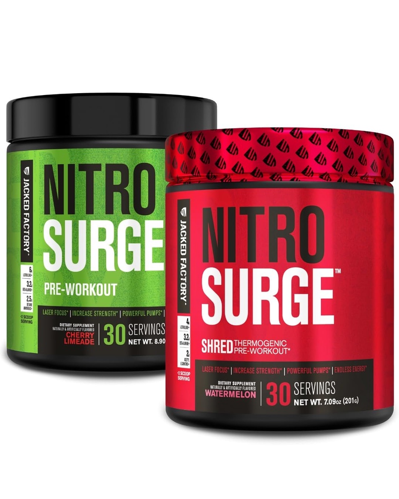 Jacked Εργοστάσιο Nitrosurge προ-εξάσκηση σε Cherry Limeade & Watermelon Nitrosurge Shred Θερμογόνο προ-εξάσκηση για άνδρες και γυναίκες