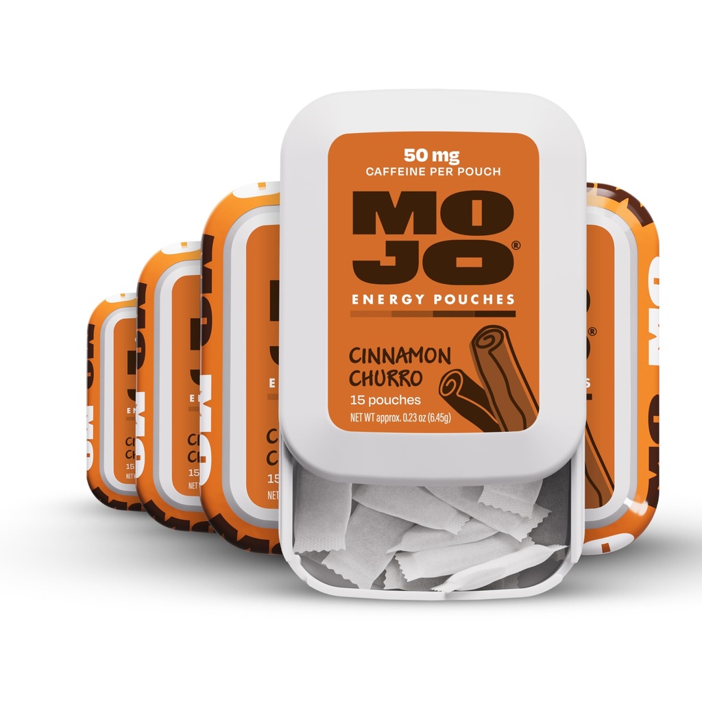 MOJO Energy 50mg Caffeine Pouches, Cinnamon Churro, 15 Pouches, 5-Pack