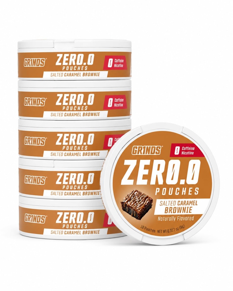 GRINDS ZERØ.Ø Salted Caramel Brownie Pouches | Nicotine-Free, Caffeine-Free, Sugar-Free, 0 Calories |6 Pack | 18 Pouches Per Can