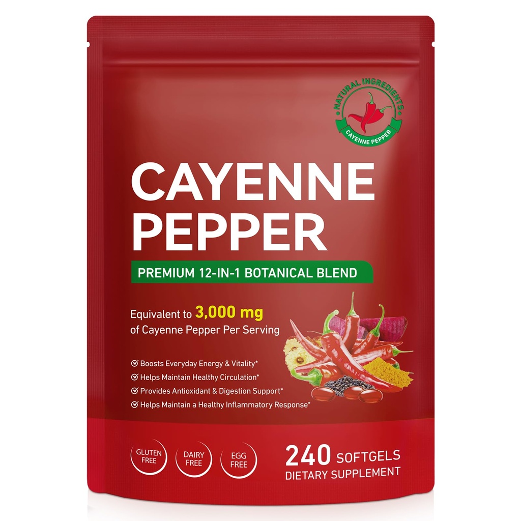 Cayenne Pepper Softgels Supplement,Supports Healthy Circulation & Daily Energy,Rich in Vitamin E D3+K2 and Extracts of Grape Seed,Hawthorn,Beetroot,Circulation&Leg Vein Wellness 240 Capsules