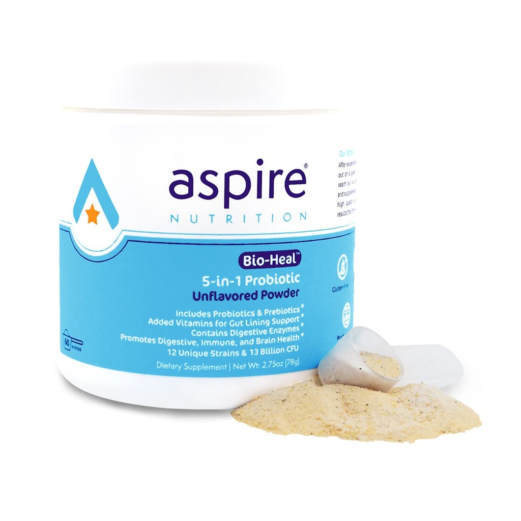 Aspire Nutrition 5-σε-1 Bio-Heal® Probiotic for Kids, Men & Women - Best Supplement for Brain Function, Gut Health & Constipation - Ράφι Σταθερό & Ενισχυμένο με Βιταμίνη, Ορυκτά & Πρεβιοτικά - Σκόνη