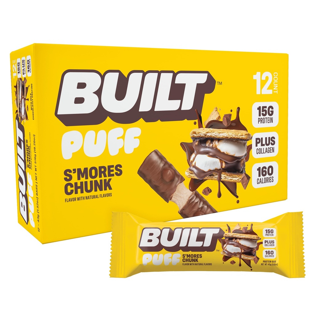 BUILT Puff Protein Bars, S'mores Chunk, 15g Protein - 12 Count | Protein Snack Bar with Collagen, Calorie Conscious, Gluten Free