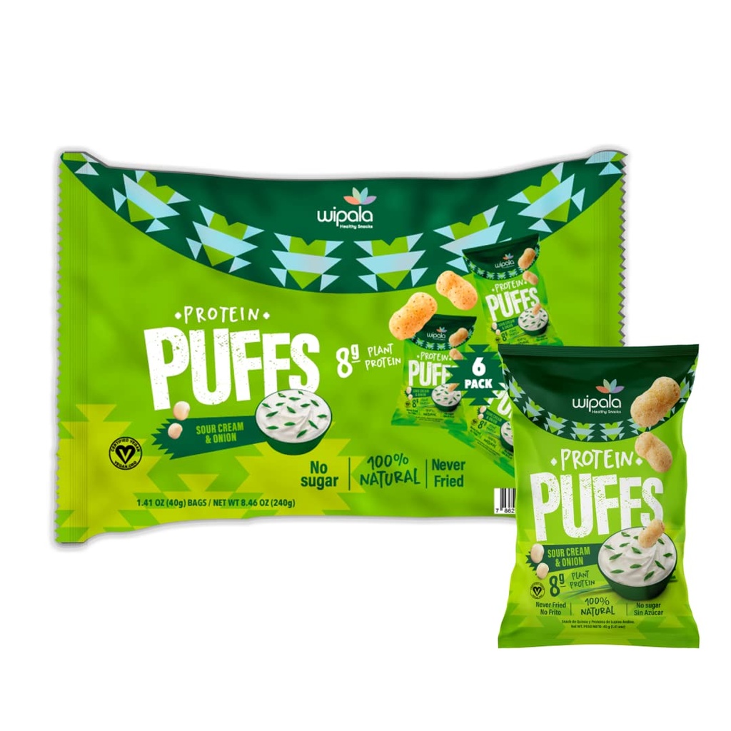 Wipala Snacks Protein Puffs | 8 Grams of Protein per bag | Certified Vegan | 6 Pack | NON GMO | Gluten Free | (Sour Cream and Onion)