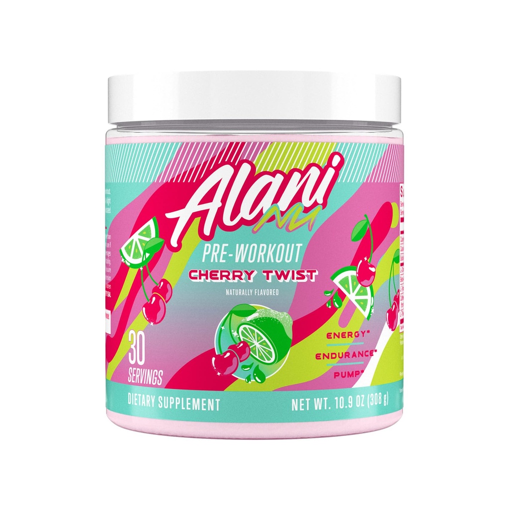 Alani Nu Pre Workout Powder Cherry Twist, Amino Energy Boost, συμπλήρωμα αντοχής, χωρίς ζάχαρη, 200mg καφεΐνη, L-Θεανίνη, Beta-Alanine, L-Citrulline, 30 υπηρεσίες