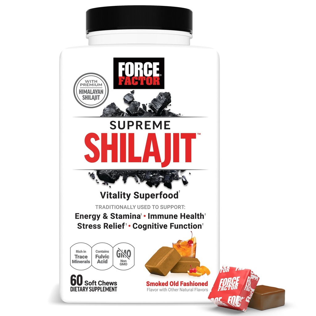 Force Factor Supreme Shilajit, Premium Himalayan Shilajit for Men & Women, Promote Energy, Stamina, Immune Health, Endurance & Focus, Smoked Old Fashioned Flavor, 60 Soft Chews