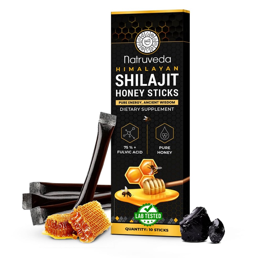 Natruveda, Himalayan Shilajit Honey Sticks for Men & Women - 75%+ Fulvic Acid & Trace Minerals - Raw Honey, Saffron & Himalayan Shilajit Resin - 10 Sticks Pack