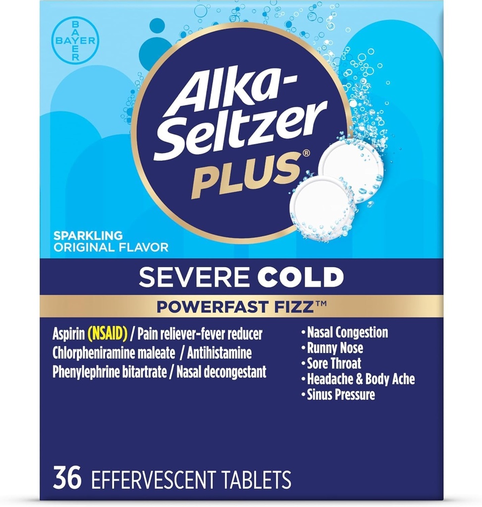 Alka-Seltzer Plus Cold Medicine, Sparkling Original Effervescent Tablets for Adults with Pain Reliever/Fever Reducer, Sparkling Original, 36 Count