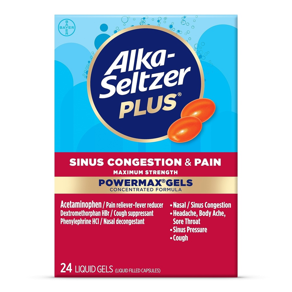 Alka-Seltzer Plus Maximum Strength PowerMax Sinus Congestion and Pain Liquid Gels - Nasal Decongestant, Cough Suppressant, and Pain Relief for Adults and Children 12 Years and Older, 24 Count