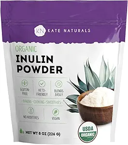 Kate Naturals Inulin Powder Organic from Blue Agave (8oz) Soluble Prebiotic Fiber for Coffee, Yogurt & Smoothies