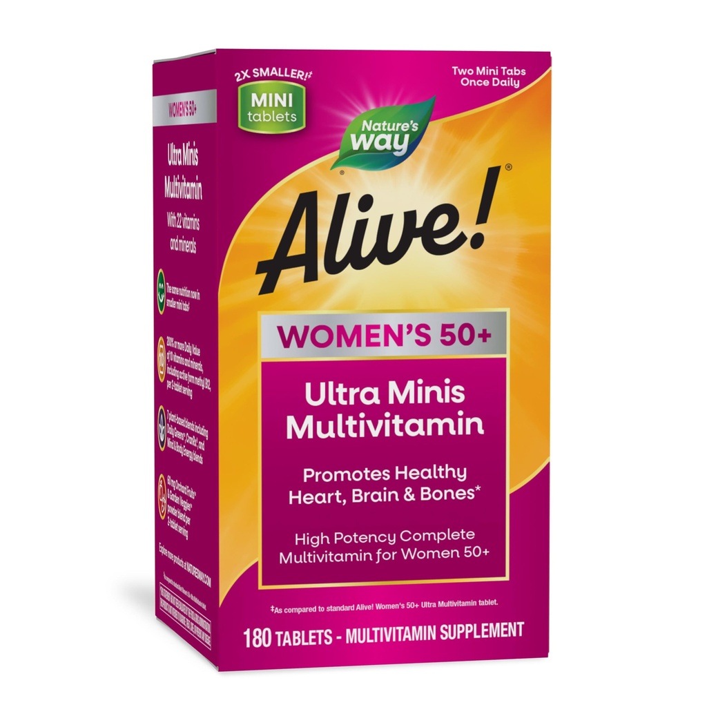 Nature's Way Alive! Ultra Minis Multivitamin for Women 50+, Complete Daily Women's Vitamins, High Potency Formula, Promotes Energy Metabolism and Muscle Function*, with Methylated B12, 180 Tablets