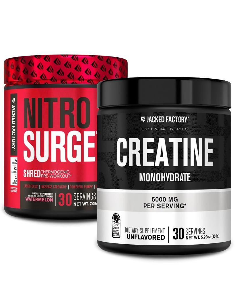 Jacked Factory NITROSURGE Shred Pre Workout Supplement (Νερόμελο, 30 υπηρεσίες) & Creatine Monohydrate Powder (Άγευστη, 30 υπηρεσίες)