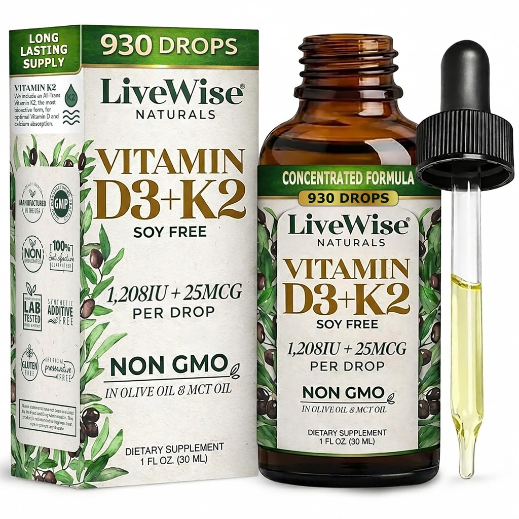 Βιταμίνη D3 με K2 Υγρές σταγόνες, όλα φυσικά, μη GMO, 1208iu D3 και 25mcg K2 (mk7) ανά υπηρεσία, υποστήριξη των οστών σας, ανοσοποιητικό σύστημα και επίπεδα ενέργειας, με ή χωρίς λάδι μέντας
