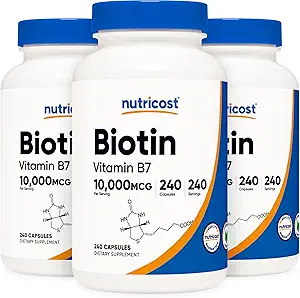 Nutricost Biotin (Vitamin B7) 10.000mcg, 240 Caps (3 φιάλες) - Μη ΓΤΟ, Χωρίς γλουτένη