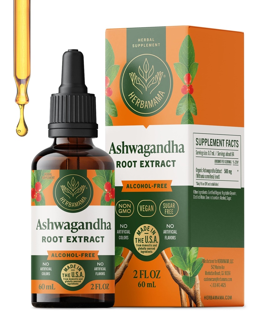 HERBAMAMA Ashwagandha Drops - Ashwagandha Liquid for Women for Calm & Relaxation, Stress Relief & Cortisol Support - Non-GMO, Alcohol & Sugar-Free Calming Supplements for Adults - 28-Day Supply
