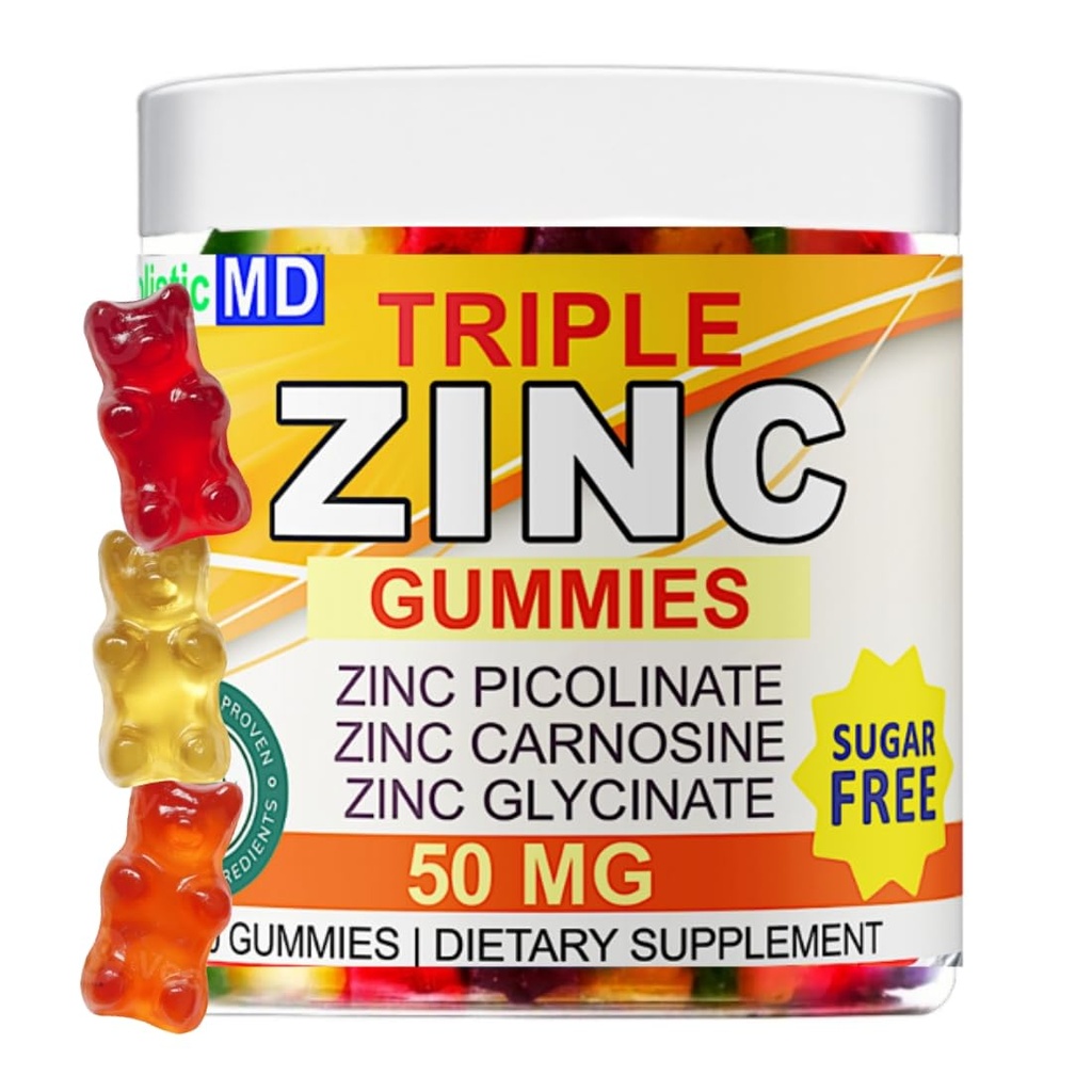 Zinc 50mg Triple Zinc Picolinate Carnosine and Glycinate - Zinc Supplements Gummies 3-in-1 high bioavailable Forms with Monk Fruit - 3 Flavors Lemon, Strawberry, Orange - Vegan Sugar Free 60 Servings