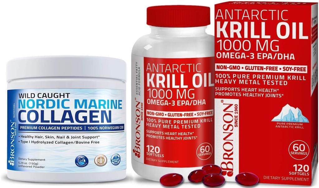 Bronson Marine Collagen Peptides Hydrolyzed Protein Powder + Antarctic Krill Oil 1000 mg with Omega-3s EPA DHA