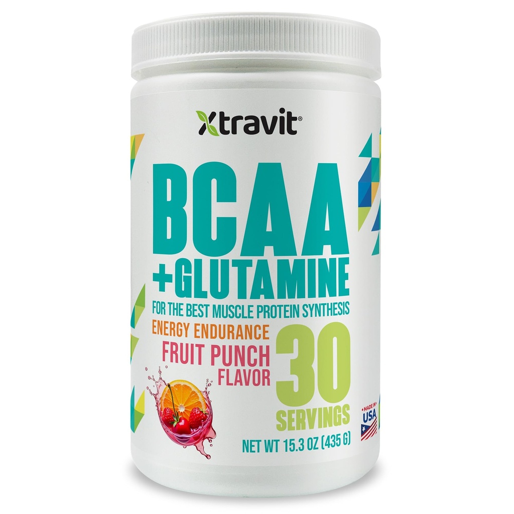 BCAA+ Glutamine Powder Supplement - Natural Fruit Punch Flavored Workout Drink for Men & Women - Branched Chain Amino Acids for Energy & Muscle Recovery - No Sugar, 38.8 oz., 30 Servings