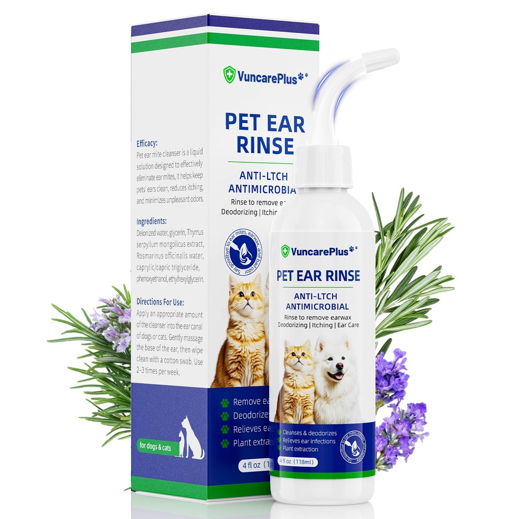 Cat & Dog Ear Cleaner Solution, Soft Nozzle Ear Treatment for Dogs & Cats, Gently Removes Ear Wax & Debris, Soothes Ear Itching & Inflammation, Deodorizing Pet Ear Wash with Thyme 4 fl oz