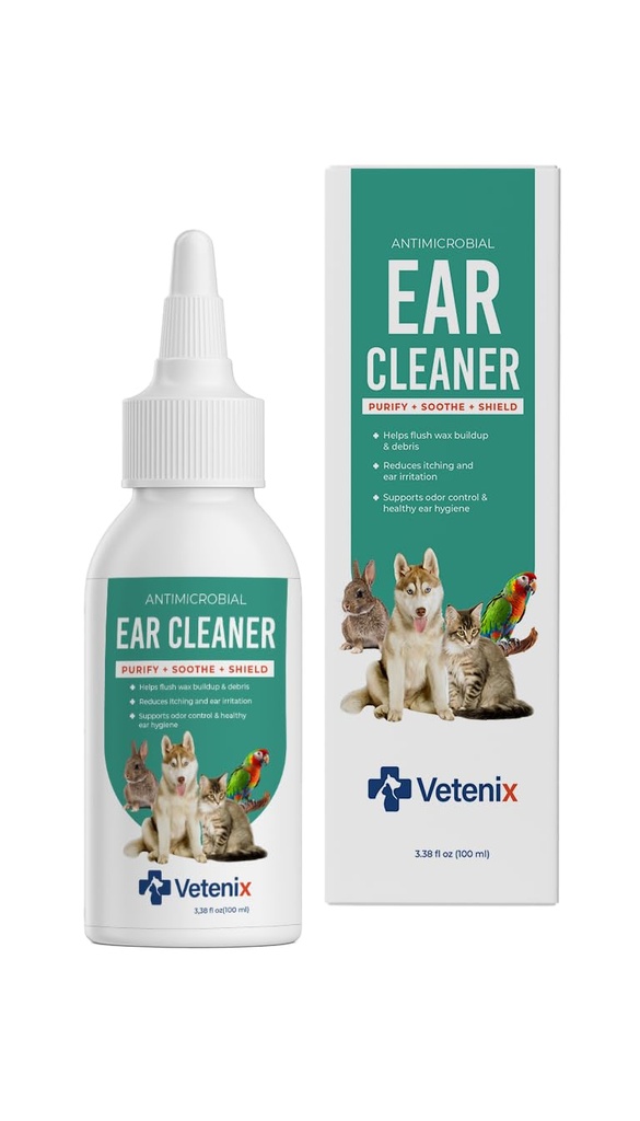 Ear Drops for Pets - Cleans and Removes Wax Build-Up and Irritants for Dogs and Cats - Relieves Itching and Redness with Pure Hypochlorous - 3,38 oz