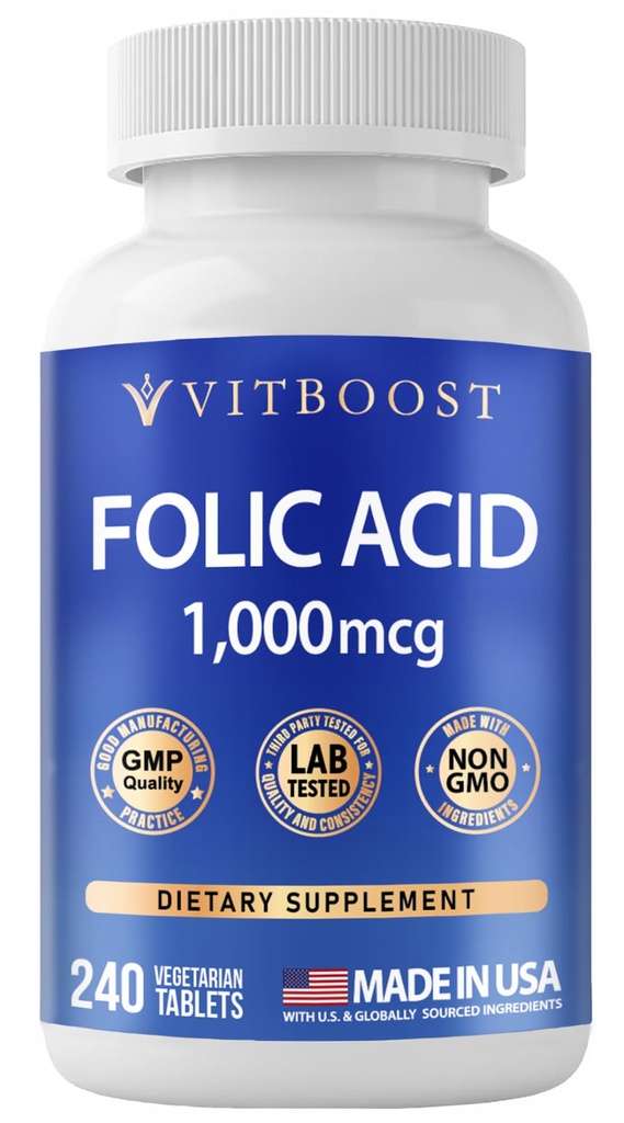 VITBOOST Folic Acid 1000 mcg (1667 mcg DFE) – 240 Tablets – Vitamin B9 Supplement – Non-GMO, Lab Tested, Made in USA, Vegetarian, Supports Overall Wellness & Daily Nutrition