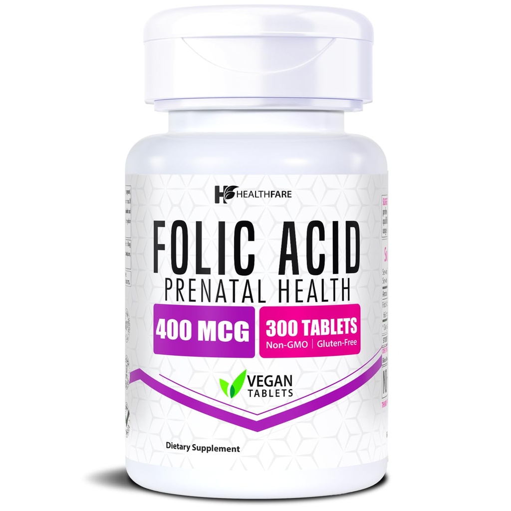 Healthfare Folic Acid 400mcg | 300 Veg Tablets | Folate Vitamin B9 | Gluten-Free | Non-GMO | Made in USA